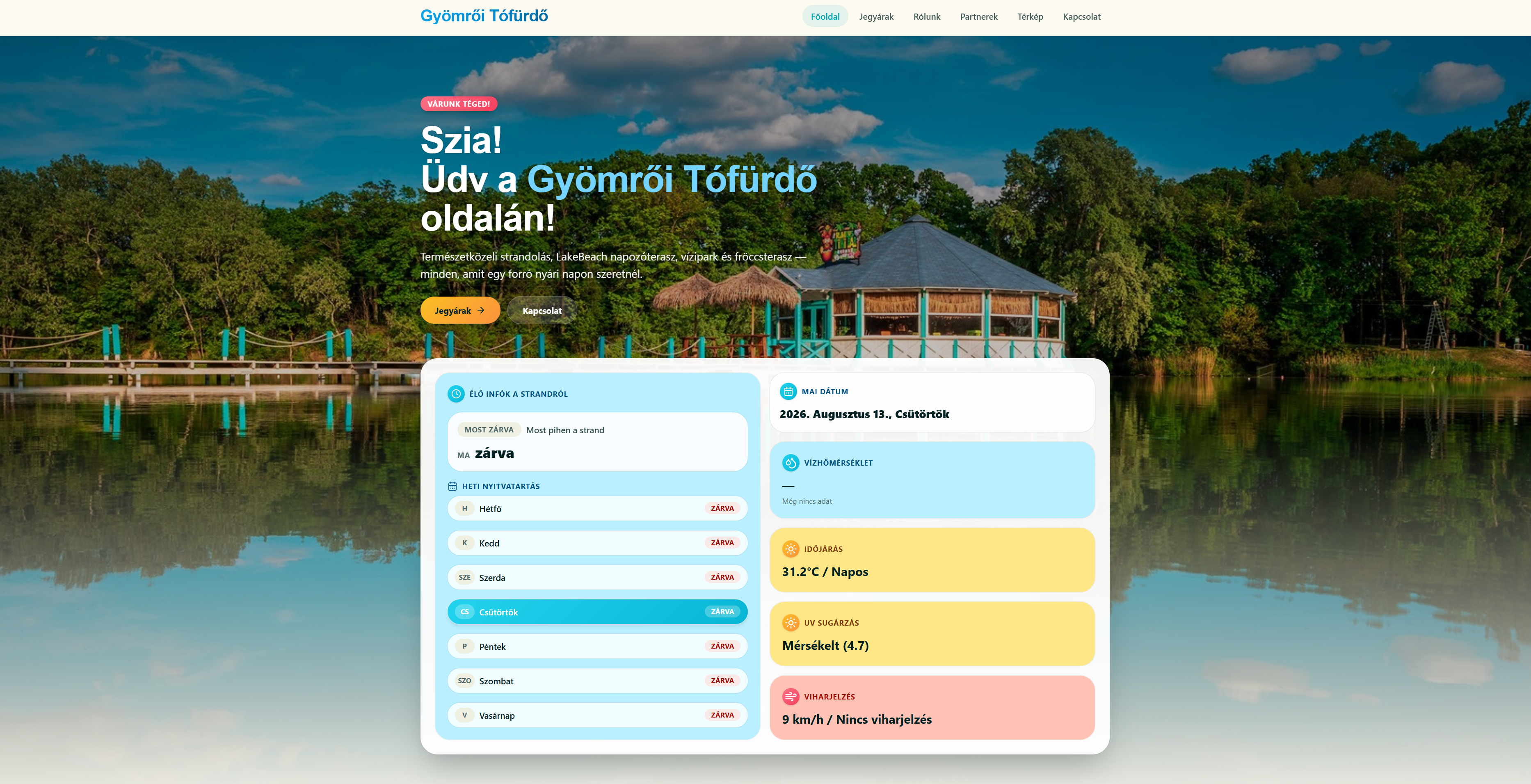 Gyömrői Tófürdő — weboldal képernyőkép